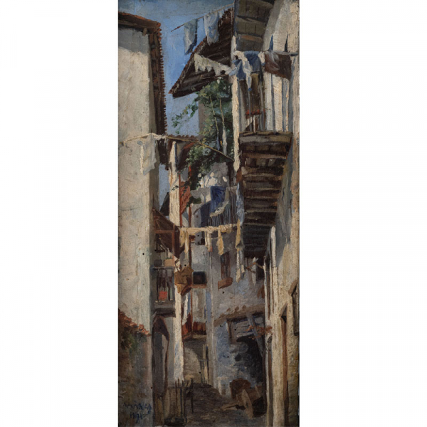 "Calle de Motrico" 1891  FERNANDO DE AMÁRICA (Vitoria, 1866-1956) Óleo/Tabla
