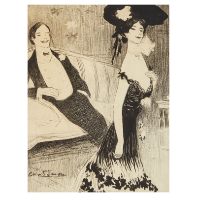 Joan Cardona Llad&oacute;s (Barcelona, 1877-1934) Pareja parisina en interior. Dibujo 