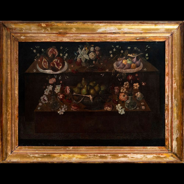 Cuadro óleo sobre lienzo bodegón con flores y frutas siglo XVII.
