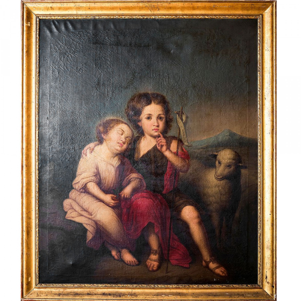 JOSÉ MARÍA VÁZQUEZ o VASQUEZ (México, c.1765 - c. 1826) &quot;El Niño Jesús y San Juan Bautista&quot;.    Óleo sobre lienzo