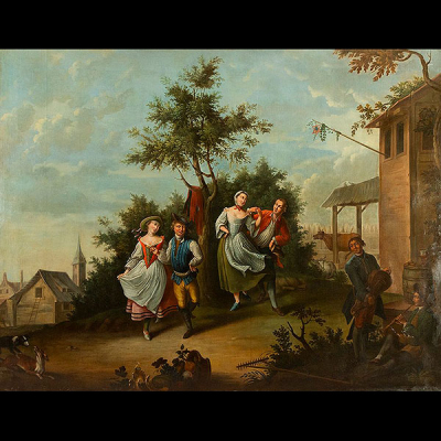 Seguidor de JEAN - BAPTISTE CHARPENTIER EL VIEJO (París, 1728 - 1806) - Campesinos bailando, siglo XVIII.