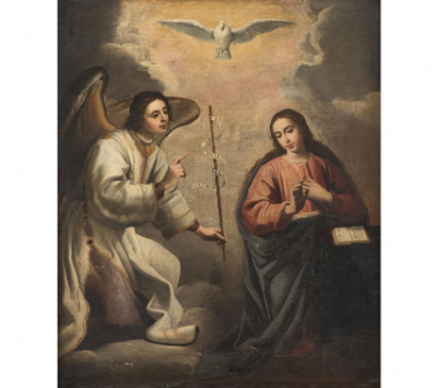 JUSEPE LEONARDO (Calatayud, 1601-Zaragoza, c.1653)  Anunciación   Óleo sobre lienzo. 124 x 103 cm. 