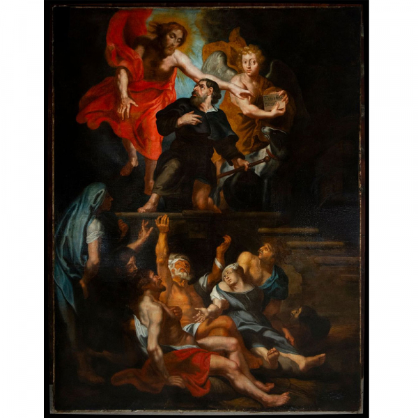 Maestro español o italiano del siglo XVII. Santo Peregrino con figuras celestiales. Óleo sobre lienzo. 