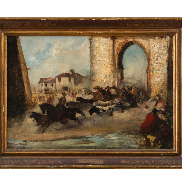"Garrochistas con toros"  A la manera de Eugenio Lucas Villamil, Finales del siglo XIX