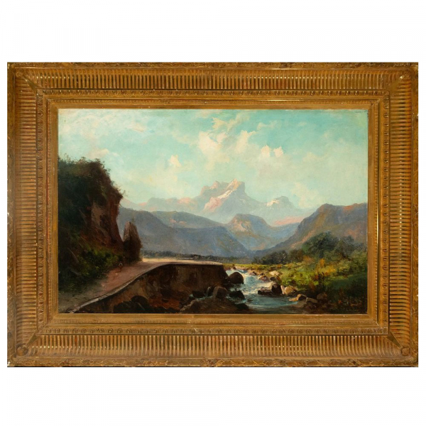  Carlos de Haes "Paisaje de alta monta&ntilde;a con camino y arroyo". Escuela Espa&ntilde;ola. Siglo XIX. Firmado.   &Oacute;leo sobre lienzo.