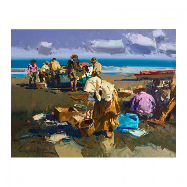 Eustaquio Segrelles (Albaida, Valencia, 1936)  Playa de Valencia.  Óleo sobre tela. Firmado. 