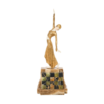 Después de Démetre H. Chiparus (Dorohoi, Rumanía, 1886-París, Francia, 1947) Bailarina. Escultura criselefantina estilo Art Deco en bronce dorado y marfil.