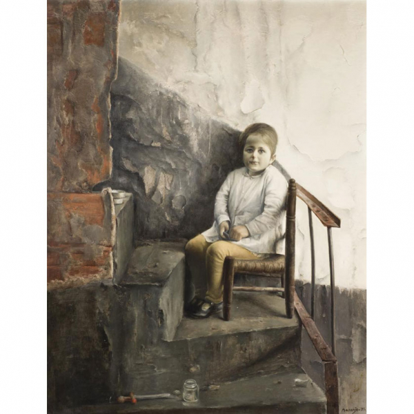 Eduardo Naranjo. "Niña en la escalera (1971)". Óleo sobre lienzo. Firmado y fechado (71) en el ángulo inferior derecho.