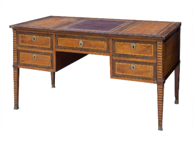 Mesa Carlos IV de despacho de madera frutal con marquetería.  Trabajo español, finales del S. XVIII - principios del S. XIX.  