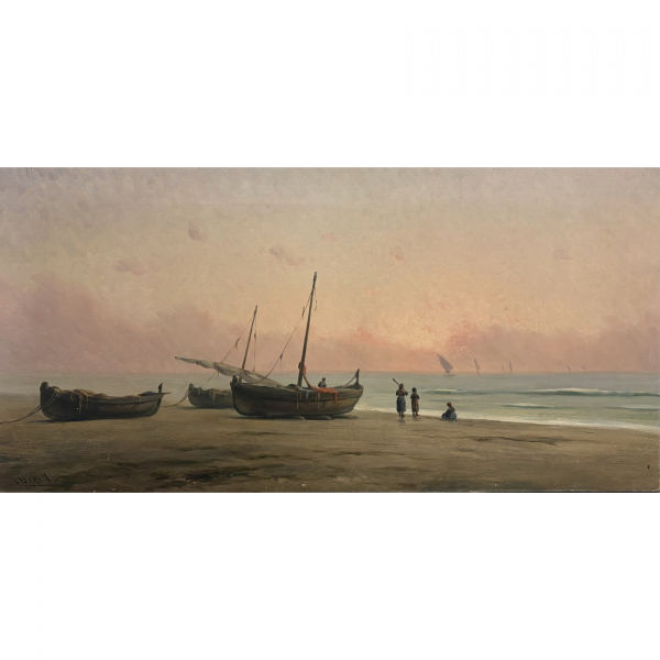 Modest Urgell Inglada (Barcelona, 1839-1919)  Barcas en la playa.  Óleo sobre tela. Firmado.