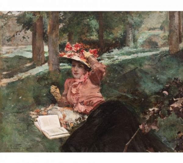 EMILIO SALA FRANCÉS (Alcoy, Alicante, 1850-Madrid, 1910).  Dama leyendo en el parque.   Óleo sobre lienzo