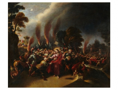 ESCUELA FLAMENCA, SIGLO XVII Prendimiento de Cristo con san Pedro cortando la oreja a Malco y al fondo la Oración en el Huerto