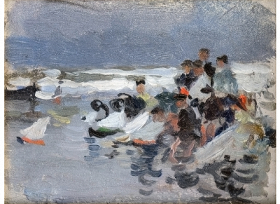 JOAQUÍN SOROLLA Y BASTIDA (Valencia, 1863 - Madrid, 1923)  Playa de Valencia. Apunte   Óleo sobre cartón fotográfico 