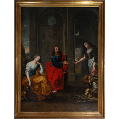 Gran escena de &quot;Cristo siendo recibido por Marta&quot; Círculo o Taller de Hendrick Van Balen, escuela flamenca del siglo XVII. 