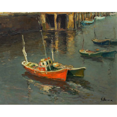 CARMELO GARCÍA BARRENA  (Bilbao 1926 - 2000) &quot;Barcas atracadas en Bermeo&quot;