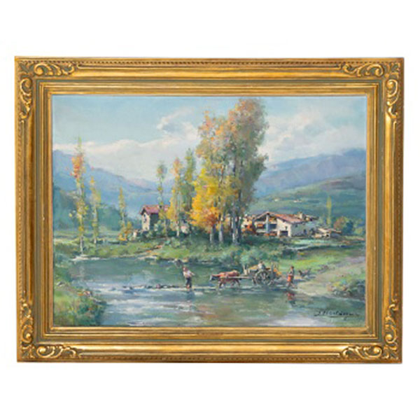 JOSÉ OLIVET LEGARES  (Olot, Gerona1887 - Barcelona 1956) "Paisaje con personajes arrastrando carro"