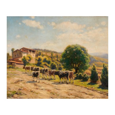 Domingo Soler i Gili (Sabadell, Barcelona, 1871-1951)  Paisaje con reses.  Óleo sobre tela. Firmado. 