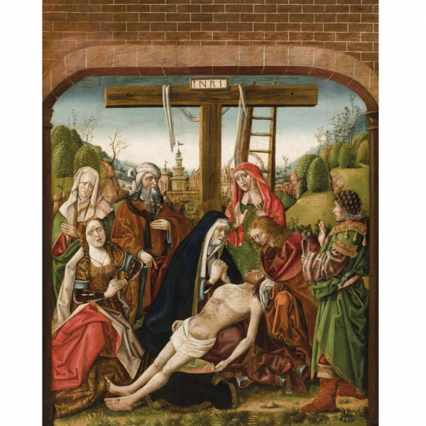 Escuela Hispano-Flamenca S. XV.    "Calvario". Óleo sobre tabla.