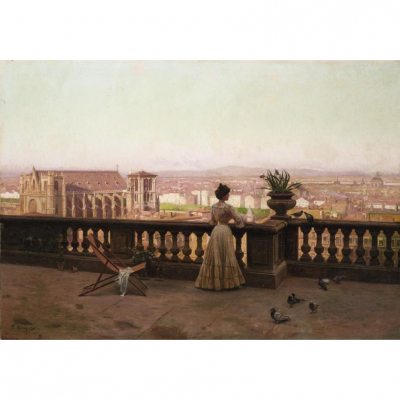 Rafael Enríquez y Villanueva.   &quot;Dama en la balconada&quot;. Óleo sobre lienzo. Firmado en el ángulo inferior izquierdo.