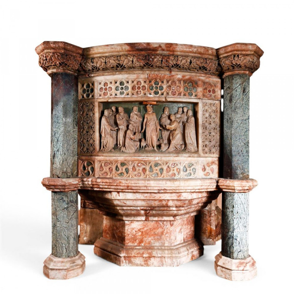 Importante p&uacute;lpito neog&oacute;tico florentino, Italia, Florencia, siglo XVIII.   M&aacute;rmol Alabastro Fiorito y columnas en m&aacute;rmol Verde Alpi, labrados y esculpidos. 