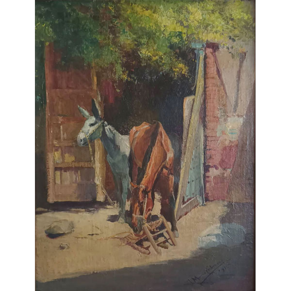  José Moreno Carbonero (Málaga 1860 - Madrid 1942). "BURROS" (1915). Óleo sobre tabla firmado 