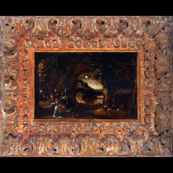 Paisaje con San Nicolás en Lectura, escuela Flamenca del siglo XVI - XVII.    Óleo sobre tabla