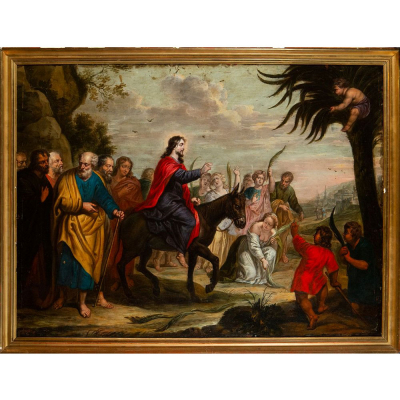 RUBENS Y TALLER (Siegen, 1577-Amberes, 1640) "Entrada Triunfal de Jes&uacute;s en Jerusal&eacute;n".   &Oacute;leo sobre plancha de cobre.