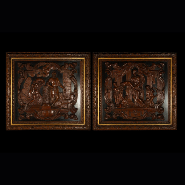 Pareja de Exquisitas Alegorías del Mar y la Tierra - Escuela Barroca Neerlandesa del siglo XVII.