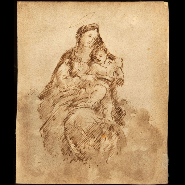 ESCUELA ESPAÑOLA O ITALIANA, SIGLOS XVII–XVIII "La Virgen con el Niño sobre nubes". Dibujo.