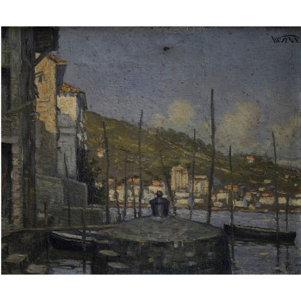 "Vista de Pasajes San Juan" ALFONSO SENA (San Sebastián, Finales del siglo XIX-XX) (¿-1958) Óleo/Lienzo