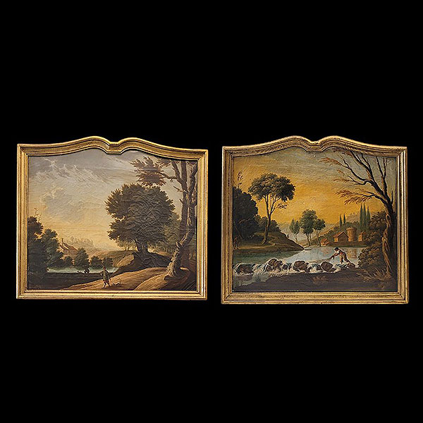 Escuela Francesa del siglo XVIII - Pareja de paisajes con cazadores.   Óleo sobre lienzo.