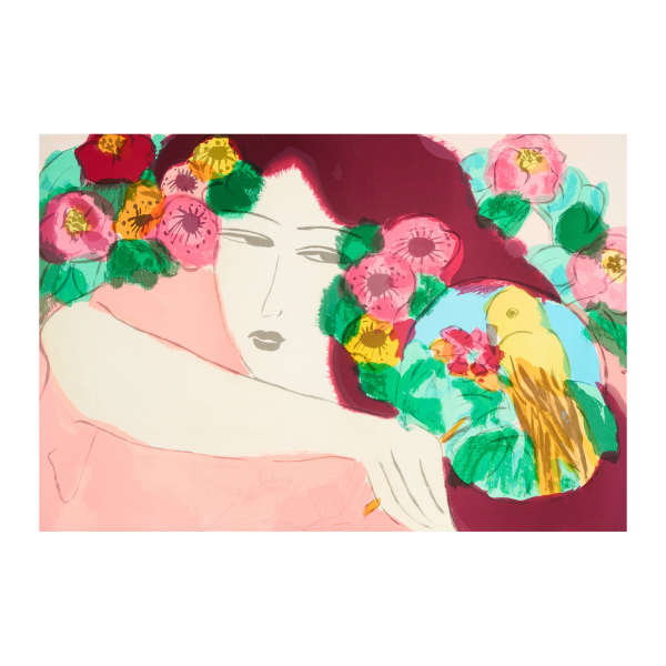 Walasse Ting (Shangai, China, 1929-Nueva York, 2010) Dama con pájaro. Litografía sobre papel. Firmada a lápiz.