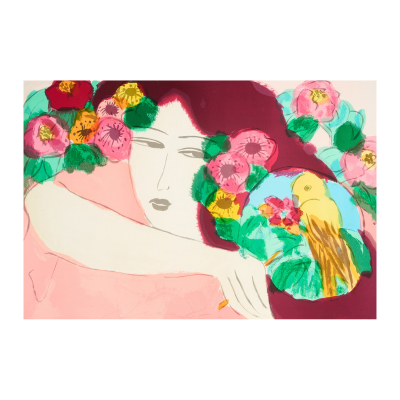 Walasse Ting (Shangai, China, 1929-Nueva York, 2010)  Dama con pájaro.  Litografía sobre papel. Firmada a lápiz.