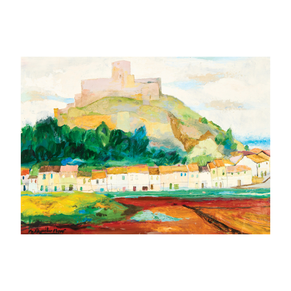 Ramon Aguilar Moré (Barcelona, 1924-2015) Vista rural con castillo. Óleo sobre tabla. Firmado.