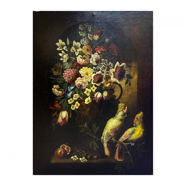 Escuela flamenca, s.XVIII.  Bodegón con flores, granadas y aves exóticas.  Óleo sobre tela. 
