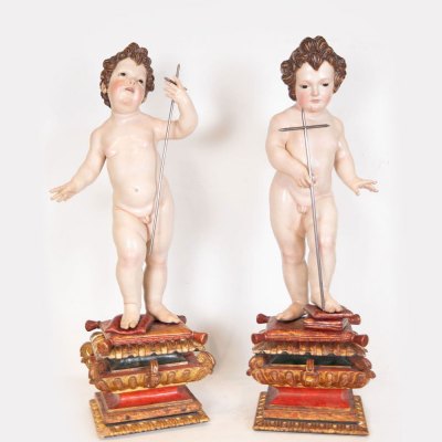 Excepcional pareja de tallas de "Ni&ntilde;o Jes&uacute;s y San Juanito", atribu&iacute;dos a Juan de Mesa (1583 - 1627). 