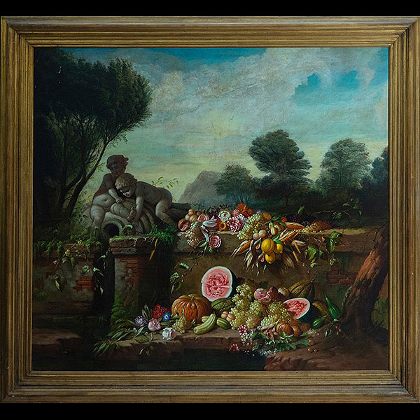 Escuela Italiana del siglo XVIII - Bodegón con Figura de Putti y Frutas.   Óleo sobre lienzo.