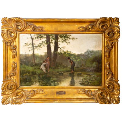 Joaquim Vayreda Vila (Girona, 1843-Olot Girona, 1894)  Paisaje fluvial con personajes.  &Oacute;leo sobre tela. Firmado.