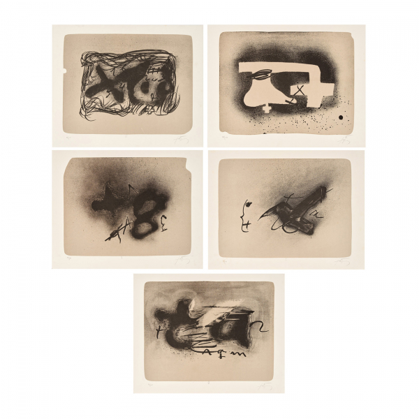 Antoni Tàpies (Barcelona, 1923-2012) Erinnerungen, 1988. Lote de cinco litografías en papel BFK Rives blanco editadas por Erker-Verlag, St. Gallen.