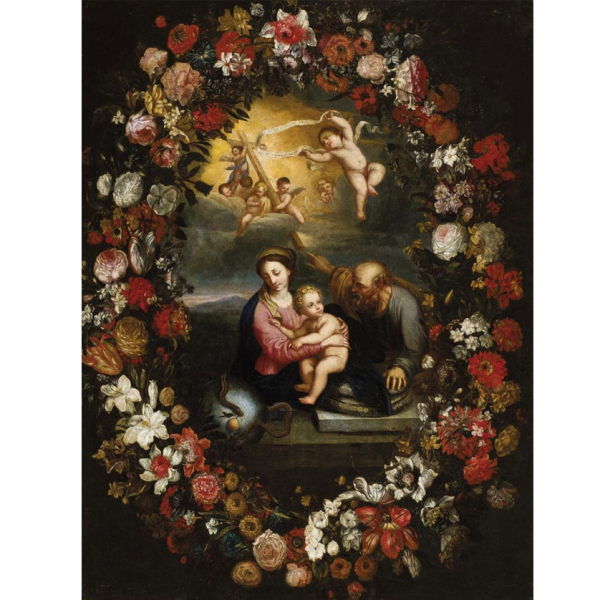 Escuela Francesa S. XVII.   "Sagrada Familia con orla de flores". Óleo sobre lienzo.