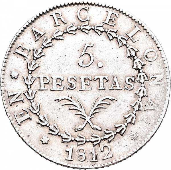 Moneda 1812 Cataluña Napoleonica Barcelona 5 Pesetas M.B.C.