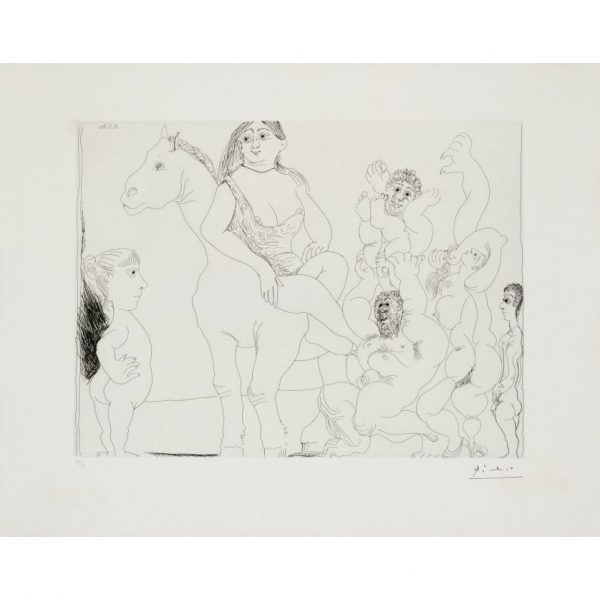Pablo Ruiz Picasso.   "El Circo de la vida observado por una niña (1970)". Aguafuerte sobre papel Rives. 