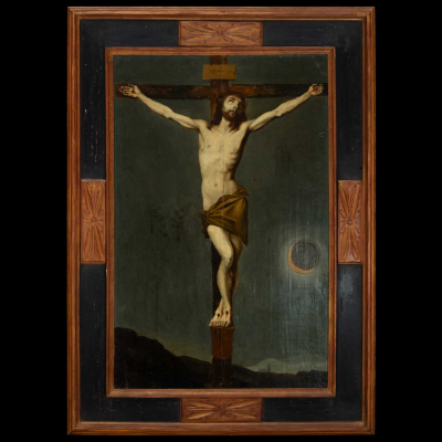 Cristo en la Cruz, escuela de Amberes del siglo XVII, trabajo flamenco sobre tabla.