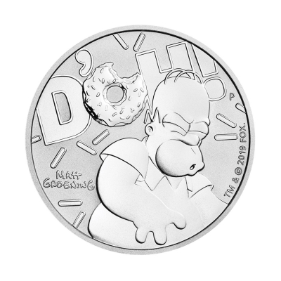 Moneda Tuvalu, 1 dólar de plata, año 2019. Homer Simpson y Reina Isabel II.