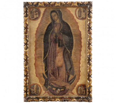 ESCUELA MEXICANA, SIGLO XVIII  Virgen de Guadalupe con las apariciones de Juan Diego 