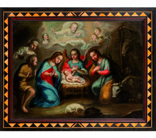ATRIBUIDO A MIGUEL CABRERA (Oaxaca, 1695- Ciudad de México, 1768) Adoración de los Pastores con ángel y rompimiento de gloria  Óleo sobre cobre, 41 x 31 cm.