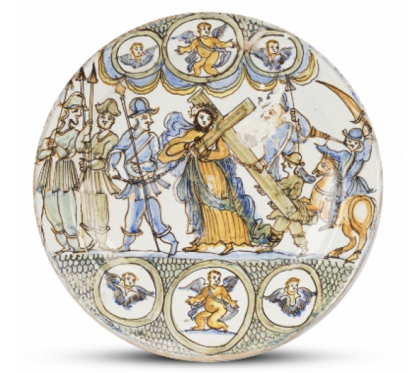 Plato en cerámica polícroma con Cristo camino al Calvario.