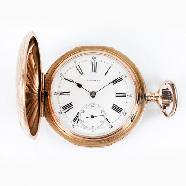 Reloj saboneta de bolsillo, suizo, LONGINES, en oro amarillo 18 K,  Nº 515491, y la guardapolvos con el lema de Grand Prix 1889 