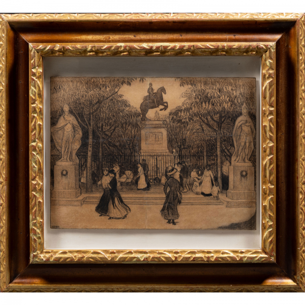 "Mujeres y niñas en el parque".  AURELIO ARTETA (Bilbao, 1879- México, 1940).   Técnica: Carboncillo /papel