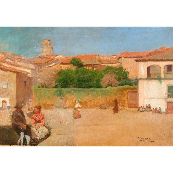 Luis Bertodano (España, act.1931)  Plaza del pueblo.  Óleo sobre tela. Firmado y fechado en 1912. 
